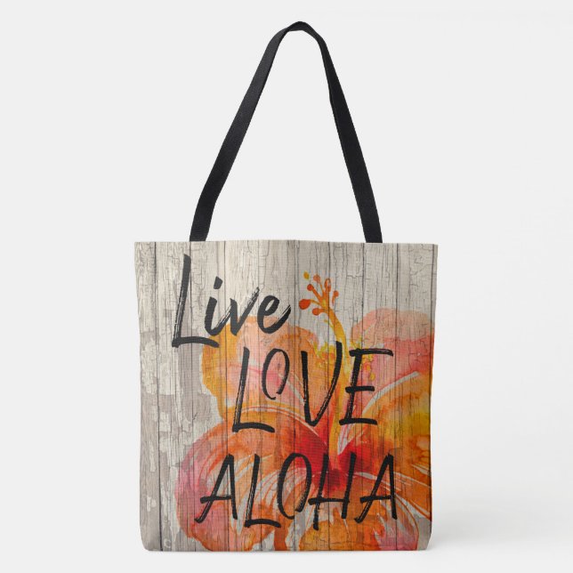 Bolso De Tela Live Love Aloha Hibiscus Beach Rótulo (Anverso)