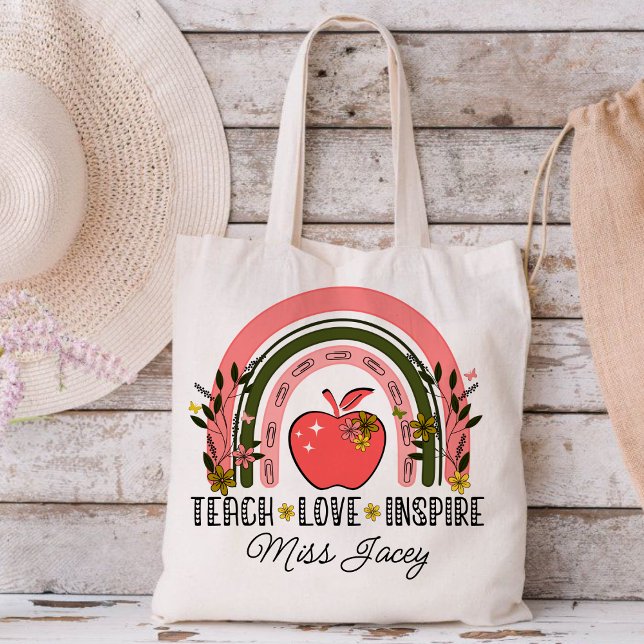 Bolso De Tela Live Love Teach Rainbow Teacher Apreciación (TEACH LOVE INSPIRE RAINBOW Personalized Name Teacher tote bag, teacher gift, teacher appreciation )