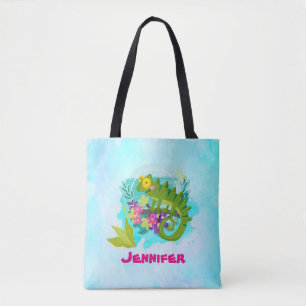 Bolso De Tela Lizard tropical con flores sobre azul turquesa