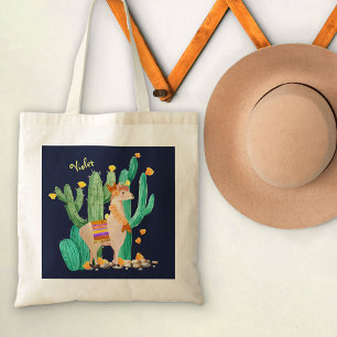 Bolso De Tela Llama adorable en jardín de cactus con flores amar