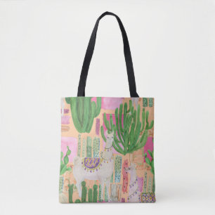 Bolso De Tela Llamas acuarelas, cactus: patrón sin costura.