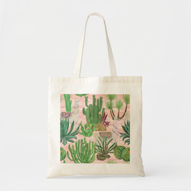 Bolso De Tela Llamas acuarelas y patrones de cactus. (Frente)