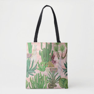 Bolso De Tela Llamas acuarelas y patrones de cactus.