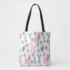 Bolso De Tela Llamas rosadas lindas y cactus verdes