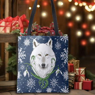 Bolso De Tela Lobo Ártico Blanco Místico Invierno Snowdrop Azul