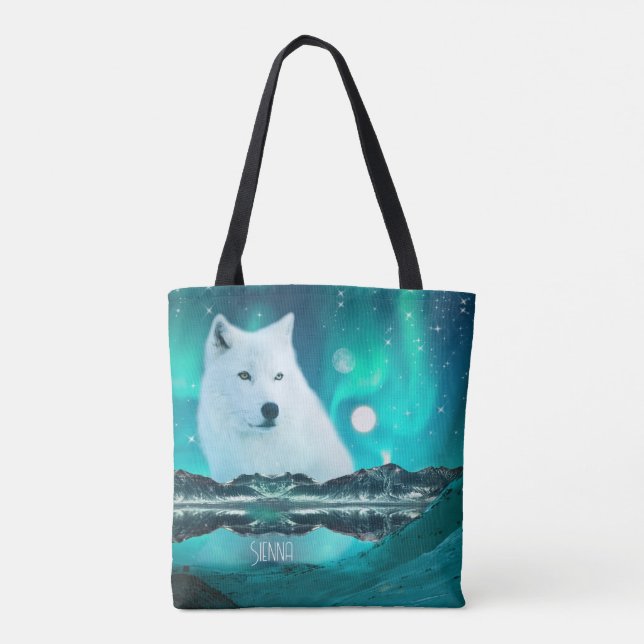 Bolso De Tela Lobo ártico y noche mágica con luces del norte (Reverso)