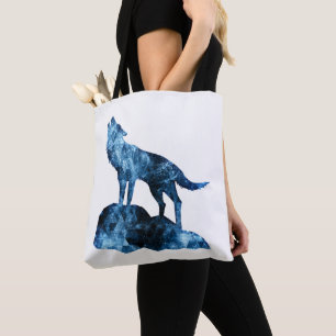 Bolso De Tela Lobo aullador humo de silueta azul con destellos