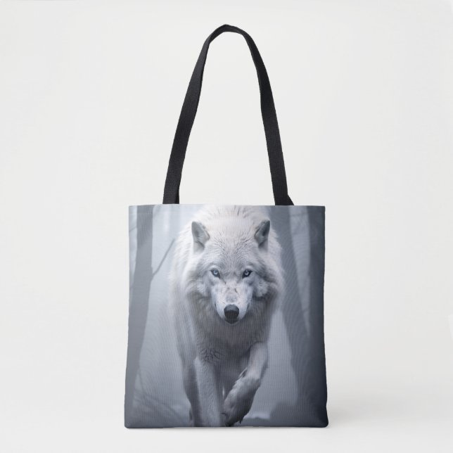 Bolso De Tela Lobo blanco en bosque de niebla (Anverso)