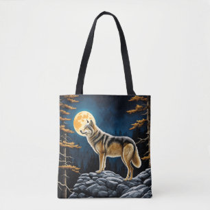 Bolso De Tela Lobo en el bosque con luna amarilla