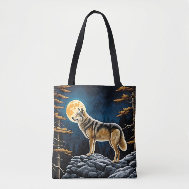 Bolso De Tela Lobo en el bosque con luna amarilla (Anverso)