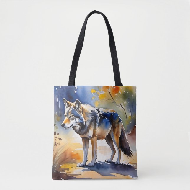 Bolso De Tela Lobo en una pintura de acuarela del bosque (Anverso)