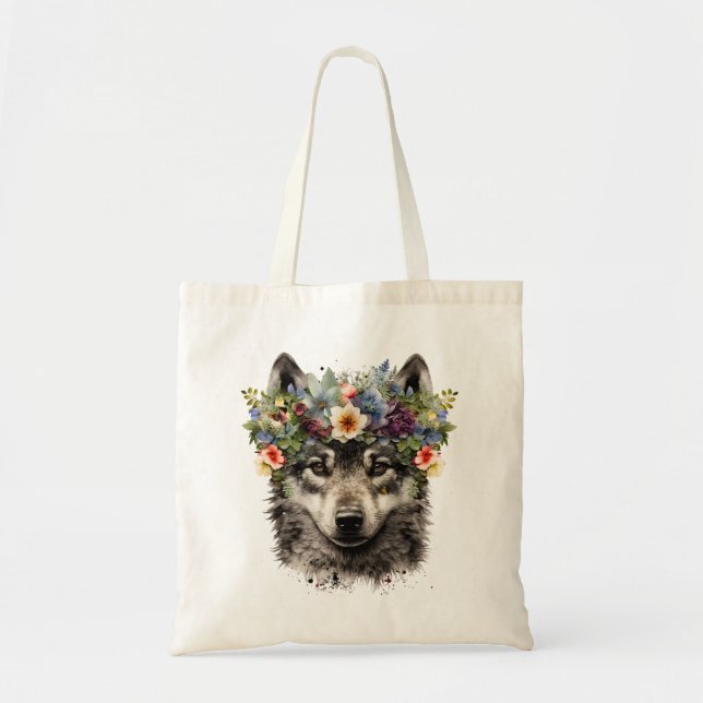 Bolso De Tela Lobo floral acuarela (Frente)