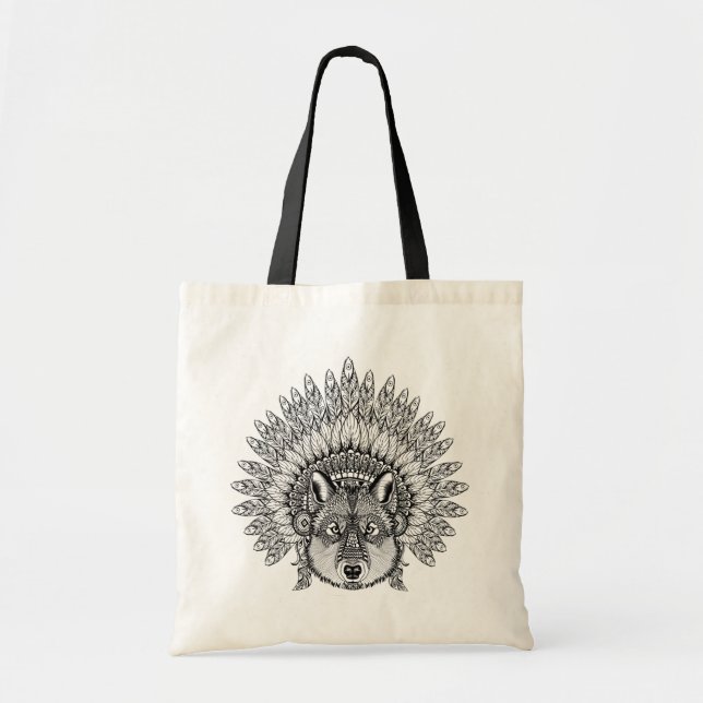 Bolso De Tela Lobo inspirado en capo emplumado de la guerra (Frente)