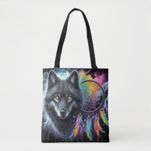 Bolso De Tela Lobo negro con un Dreamcatcher