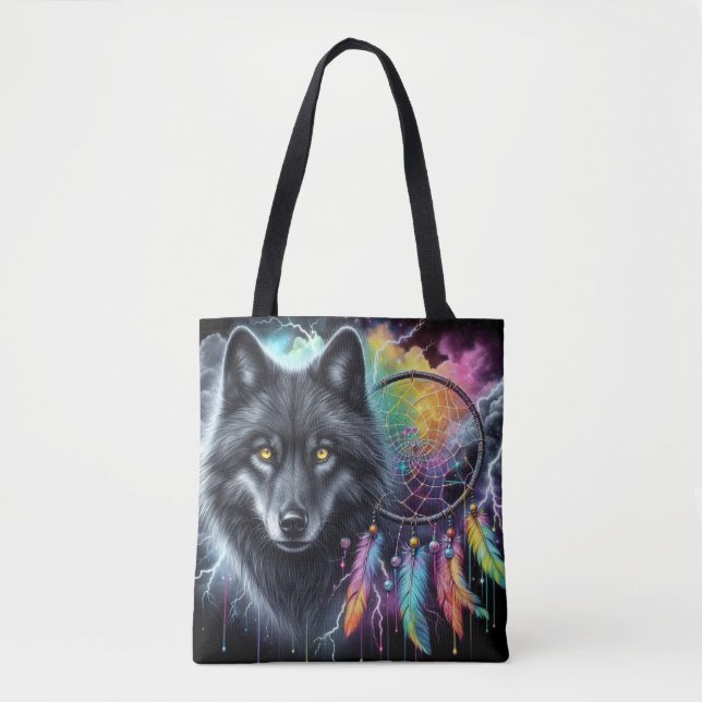Bolso De Tela Lobo negro con un Dreamcatcher (Anverso)