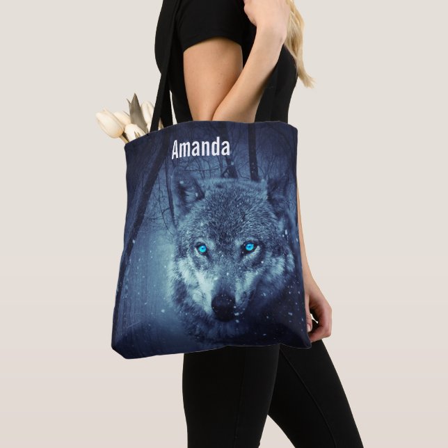Bolso De Tela Lobo salvaje mágico con ojos azules asombrosos (Detalle)