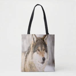Bolso De Tela Lobo sonriendo en la nieve y el bosque invernal