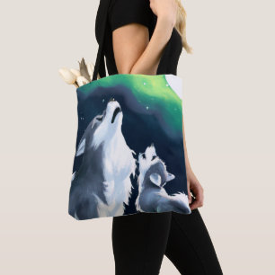 Bolso De Tela Lobo y cachorro a plena Luna