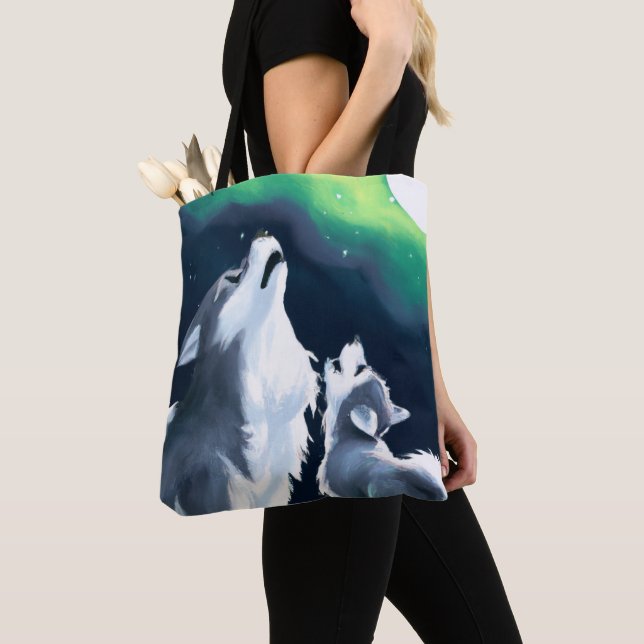 Bolso De Tela Lobo y cachorro a plena Luna (Detalle)