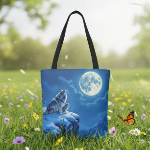 Bolso De Tela Lobo y cachorro de bebé en plena luna
