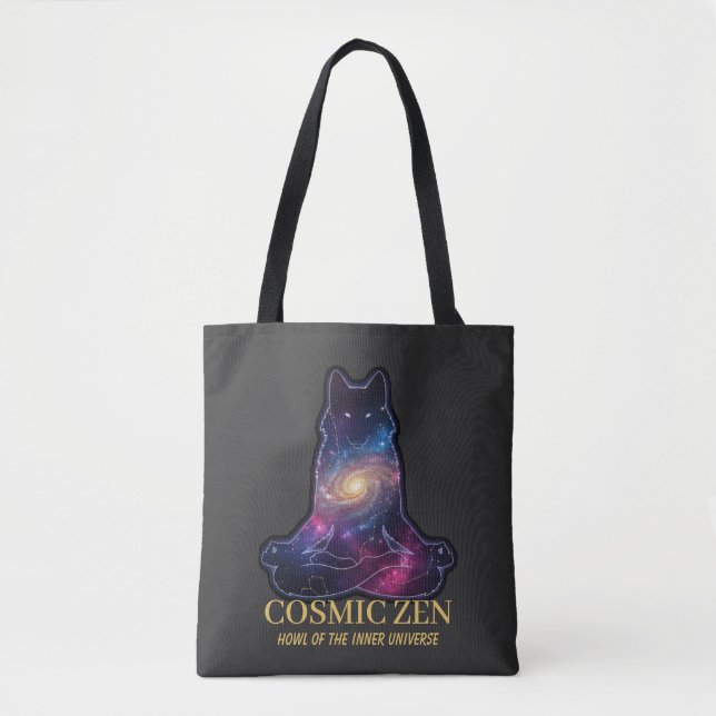 Bolso De Tela Lobo Zen Cósmico | Animal Espiritual de la Galaxia (Anverso)