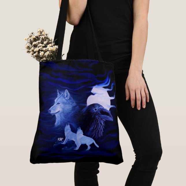 Bolso De Tela Lobos y Raven con luna llena (Detalle)