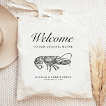 Bolso De Tela Lobster de bienvenida de boda de destino<br><div class="desc">Este hotel de bodas o bolsa de favores de destino presenta un ilustracion vintage de una langosta bajo la palabra "bienvenido" en un guión elegante. Personalízalo con la ubicación de su boda,  los nombres de la novia y del novio y la fecha del boda.</div>