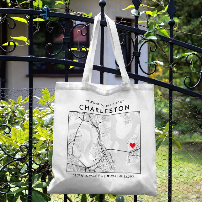 Bolso De Tela Localizador de amor de Charleston | Bienvenida al  (The more complete visual of what your final Charleston Map tote bag would look like in real life.)