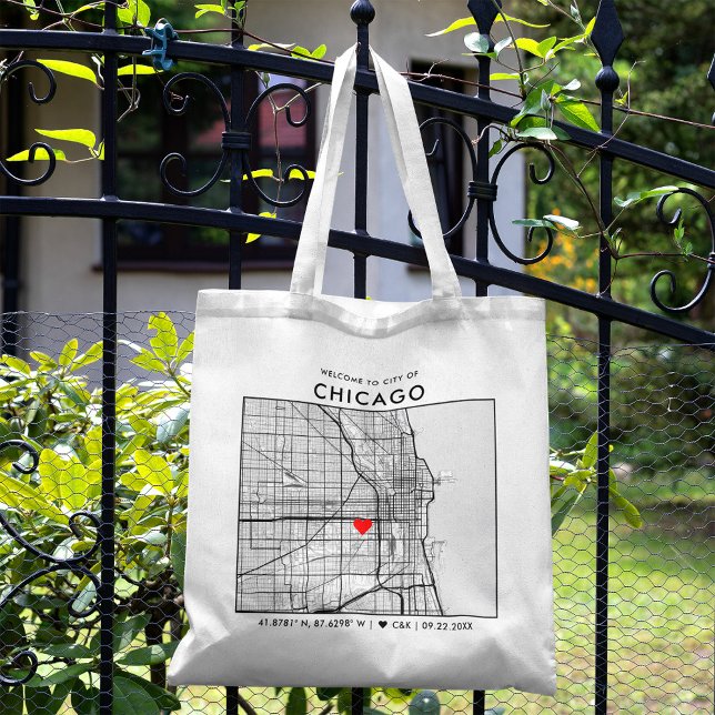 Bolso De Tela Localizador de amor de Chicago | Bienvenida Boda (The more complete visual of what your final Chicago Love Map tote bag would look like in real life.)