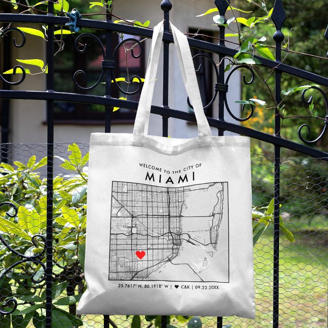 Bolso De Tela Localizador de amor de Miami | Bienvenida al Boda  (The more complete visual of what your final tote Miami Map bag would look like in real life.)