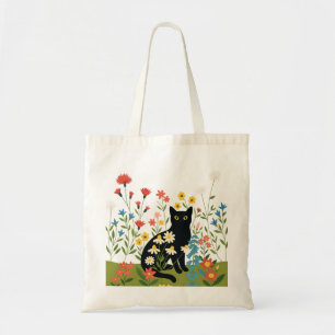 Bolso De Tela Lona de Gato Negro Cottagecore con Flor Silvestre