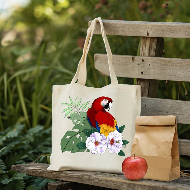 Bolso De Tela Loro floral de aves tropicales de Macaw Rojo (Subido por el creador)