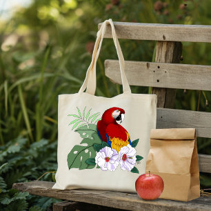 Bolso De Tela Loro Guacamayo Rojo Floral Hibisco Tropical Blanco