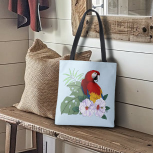 Bolso De Tela Loro Guacamayo Rojo Floral Hibisco Tropical Blanco