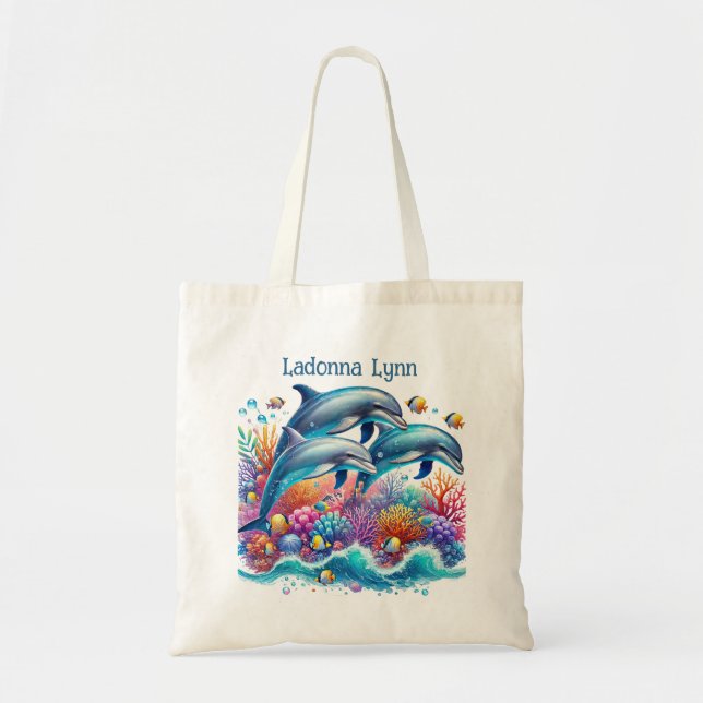 Bolso De Tela Los amantes de los delfines pequeños añaden nombre (Frente)