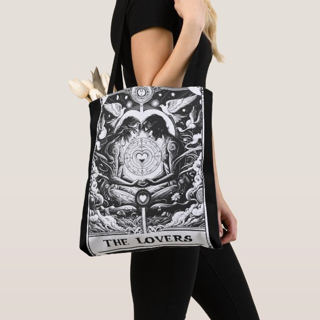Bolso De Tela LOS AMANTES Tarot Pareja Celestial Blanco y Negro (Detalle)