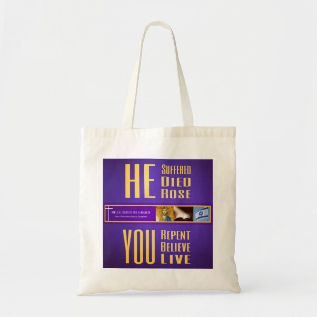 Bolso De Tela Los Rótulos bíblicos ITH "ÉL murió - USTED vive" (Frente)