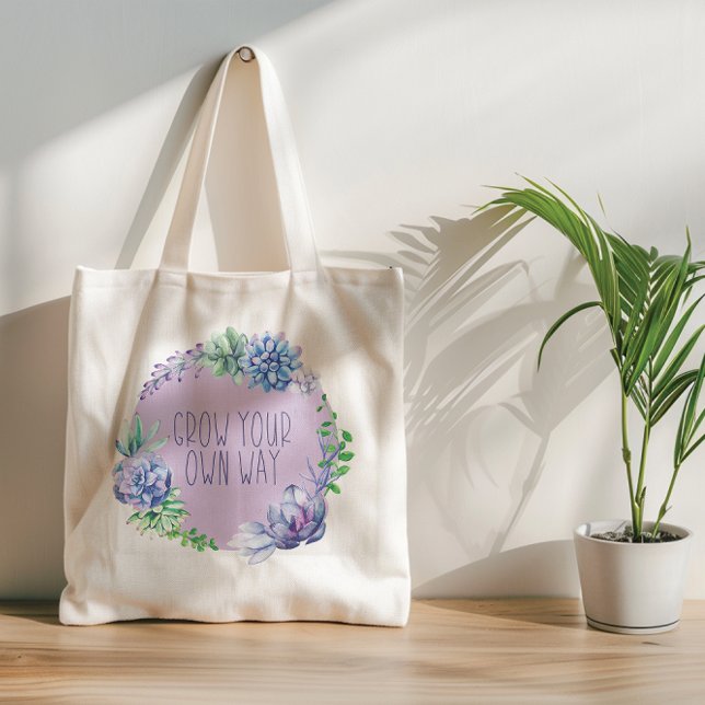 Bolso De Tela Los suculentos siguen creciendo Aqua Green y Purpl (Two pastel floral designs with positive affirmations make a cheery tote bag for daily use.)