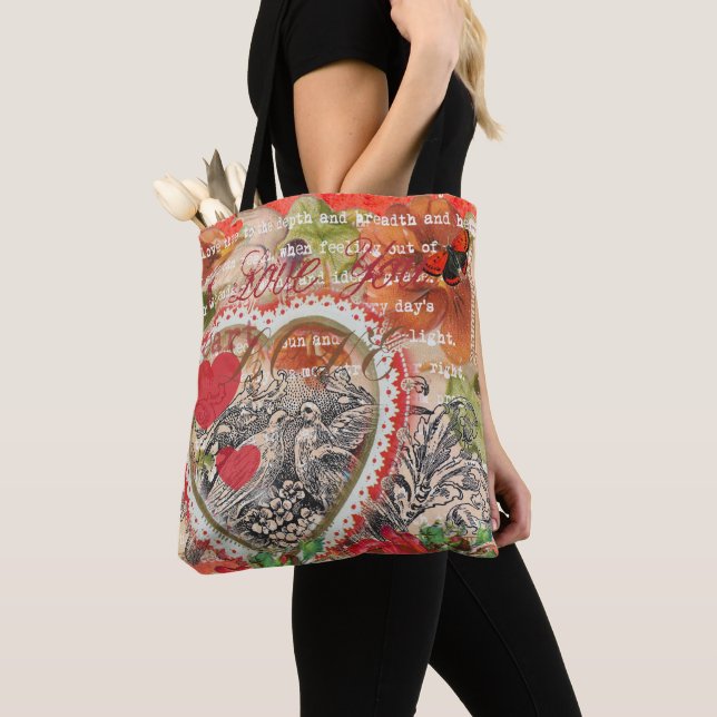 Bolso De Tela Love Birds Heart Red Art Collage (Detalle)
