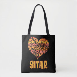 Bolso De Tela Love Sitar Naranja Mandala Heart Indian Music