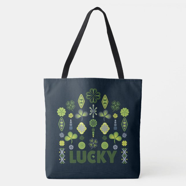 Bolso De Tela Lucky Shamrock Clover Patrón mínimo Azul oscuro (Anverso)