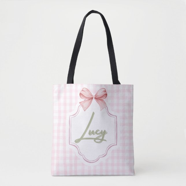 Bolso De Tela Lucy Baby Nursery personalizada Bow&Gingham (Anverso)