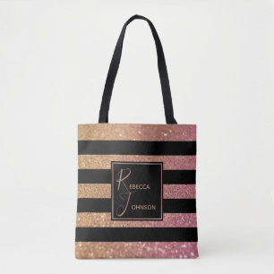 Bolso De Tela Lujo Dorado Tiras Purpurinas Rosadas Monograma Nom