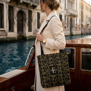 Bolso De Tela Lujo Negro y Dorado Damasco Floral Chic Nombre Per