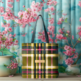 Bolso De Tela Lujo personalizado a cuadros verde oliva, dorado y