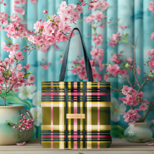 Bolso De Tela Lujo personalizado a cuadros verde oliva, dorado y