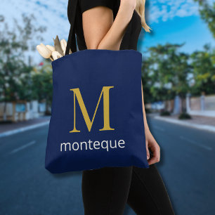 Bolso De Tela Lujo Profundo en Azul Marino con Monograma de Oro 