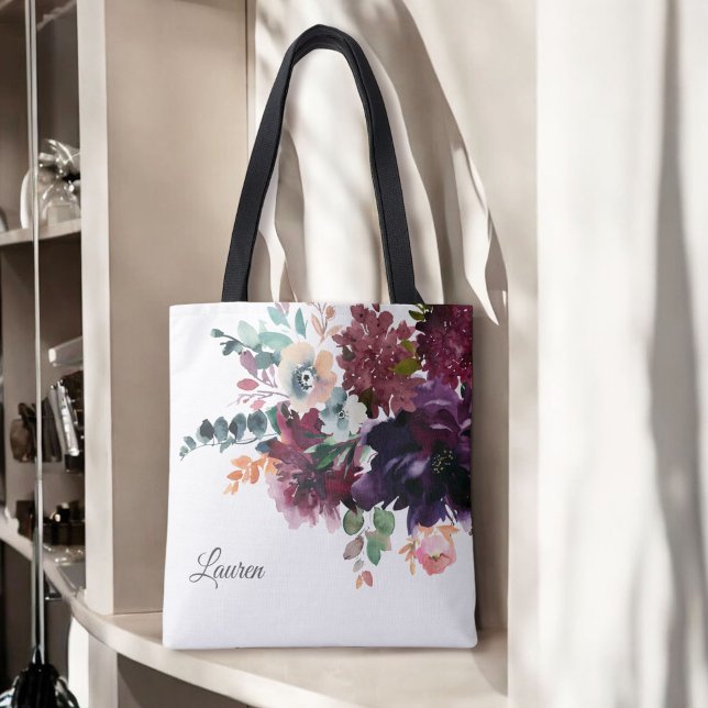 Bolso De Tela Lujosa acuarela Borgoña Floral con nombre (Subido por el creador)