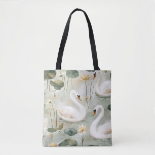 Bolso De Tela Lujoso lienzo de acuarela de cisne blanco y nenúfa