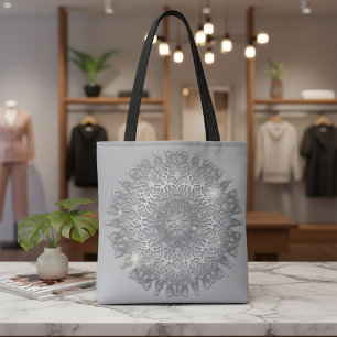 Bolso De Tela Lujoso Mandala Metálico Plateado Brillante
